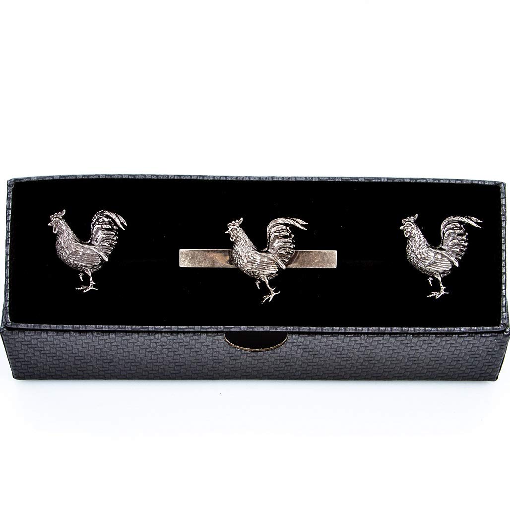 MRCUFF Chicken Rooster Gunmetal Black Pair Cufflinks and Tie Bar in a Presentation Gift Box with Polishing Cloth