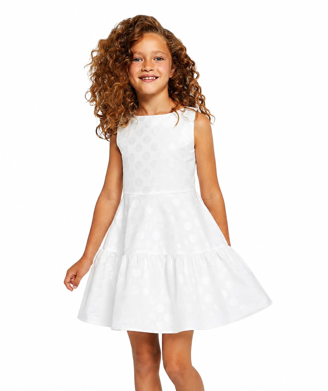 Generico Abito da Bambina Bianco con Pois, Vestito Ragazza Senza Maniche, Elegante e Perfetto per Cerimonie, Matrimoni, Battesimi e Occasioni Speciali 6964