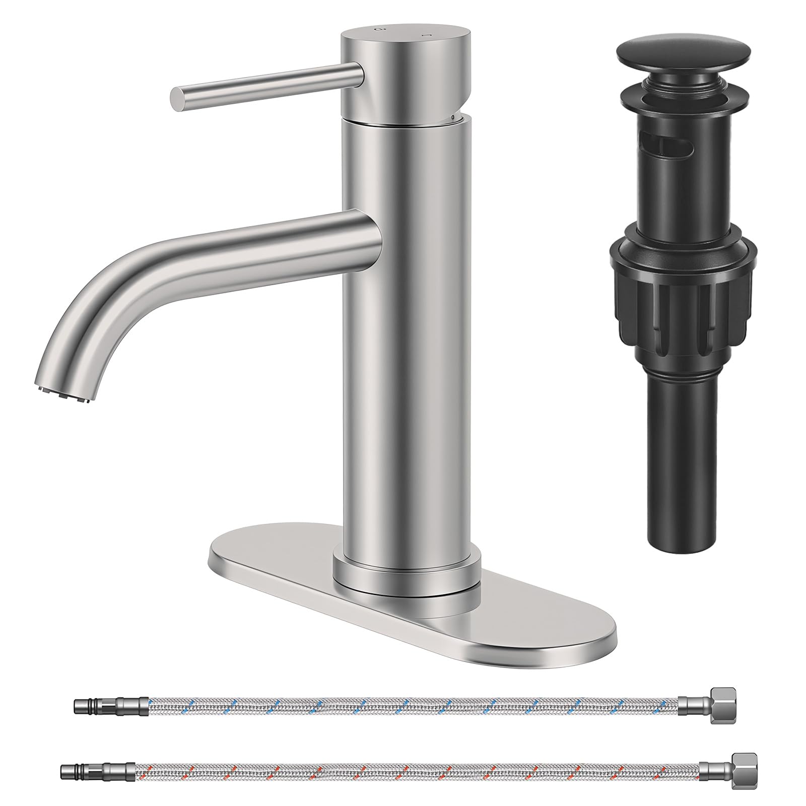 Bathroom Sink Faucet 1 Hole Single Handle Lever Faucets Burshed Nickle Stainless Steel Modern Faucet with Pop Up