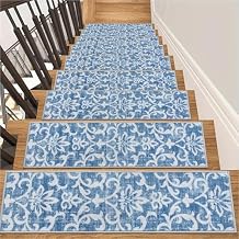 Lahome Carpet Stair Treads Non Slip Backing, 15 Pack 8" X 30" Stair Treads for Wooden Steps Indoor, Soft Washable Stairway Stair Runners Oriental Staircase Rugs for Kids Pets Elders15pc, Blue