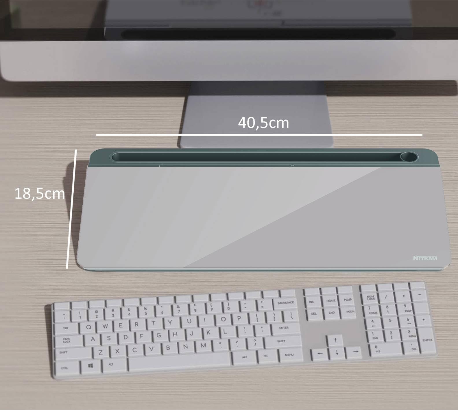 NITRAM Lavagna da scrivania o ufficio in vetro con cassetto portaoggetti e scomparto per accessori Dimensioni: 40,5 x 18,5 x 6 cm con cancellino.e 2 pennarelli (Grigio)
