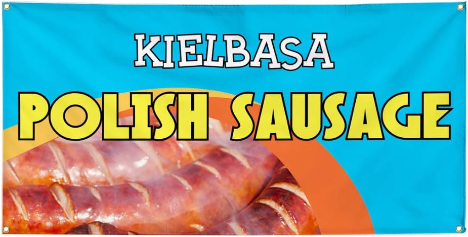 Vinyl Banner Multiple Sizes Polish Sausage Outdoor Advertising Printing Food & Beverage Outdoor Weatherproof Industrial Yard Signs Blue 4 Grommets 16x40Inches