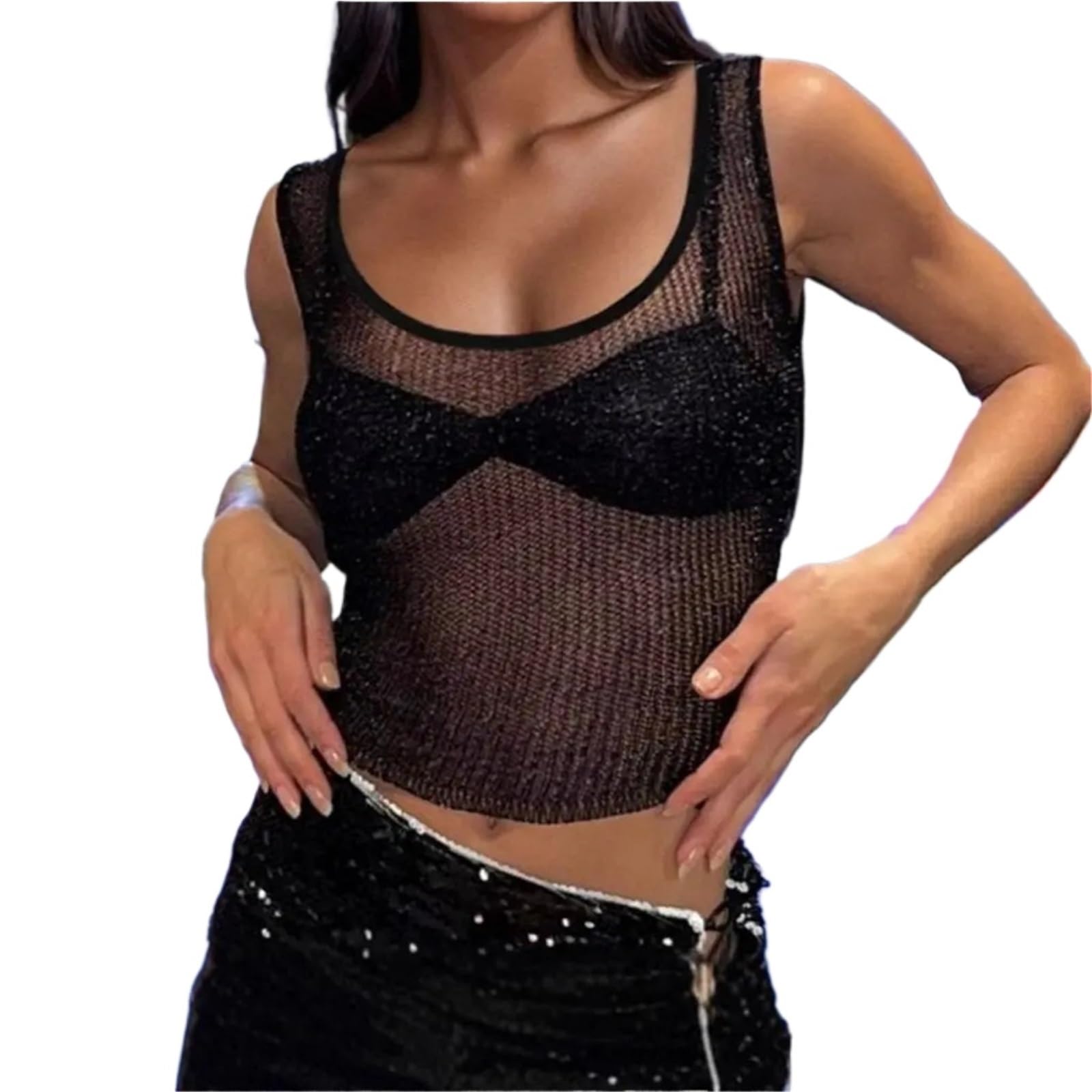 Top con Paillettes Canottiere Corte estive da Donna in Maglia, Tinta Unita, con Paillettes Glitterate, Traforate, Scollo Rotondo, Aderenti, Senza Maniche
