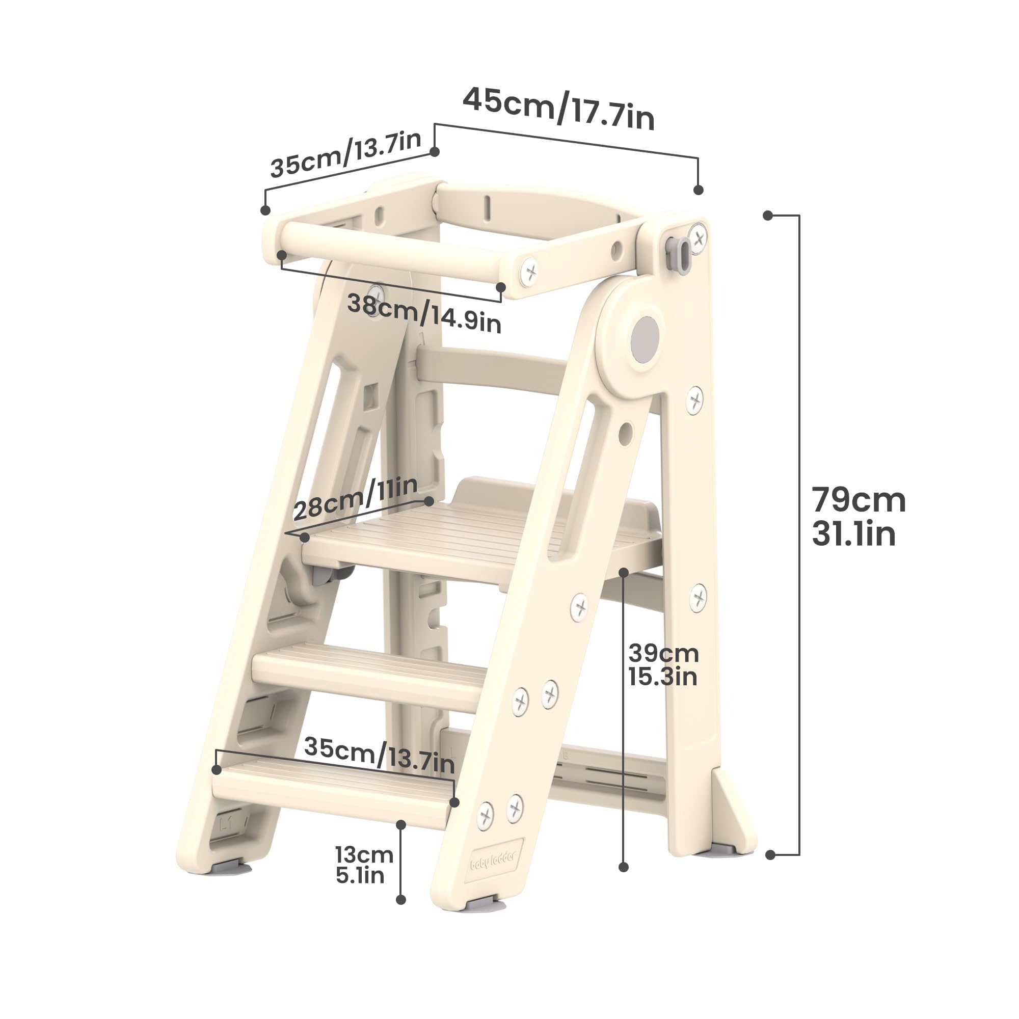 Tour d Observation Pliable Enfant, Tour d'apprentissage Montessori Bébé, Marchepied Réglable en Hauteur Enfants avec Barre Sécurité (Classique, Beige)