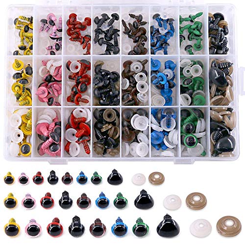 Swpeet 240pcs 3 Sizes 8MM 10MM 12MM 9 Color Plastic Safety Eyes with Washer and 30pcs 3 Sizes 10MM 12MM 15MM Noses Set for Doll, Puppet, Plush Animal Making and Teddy Bear