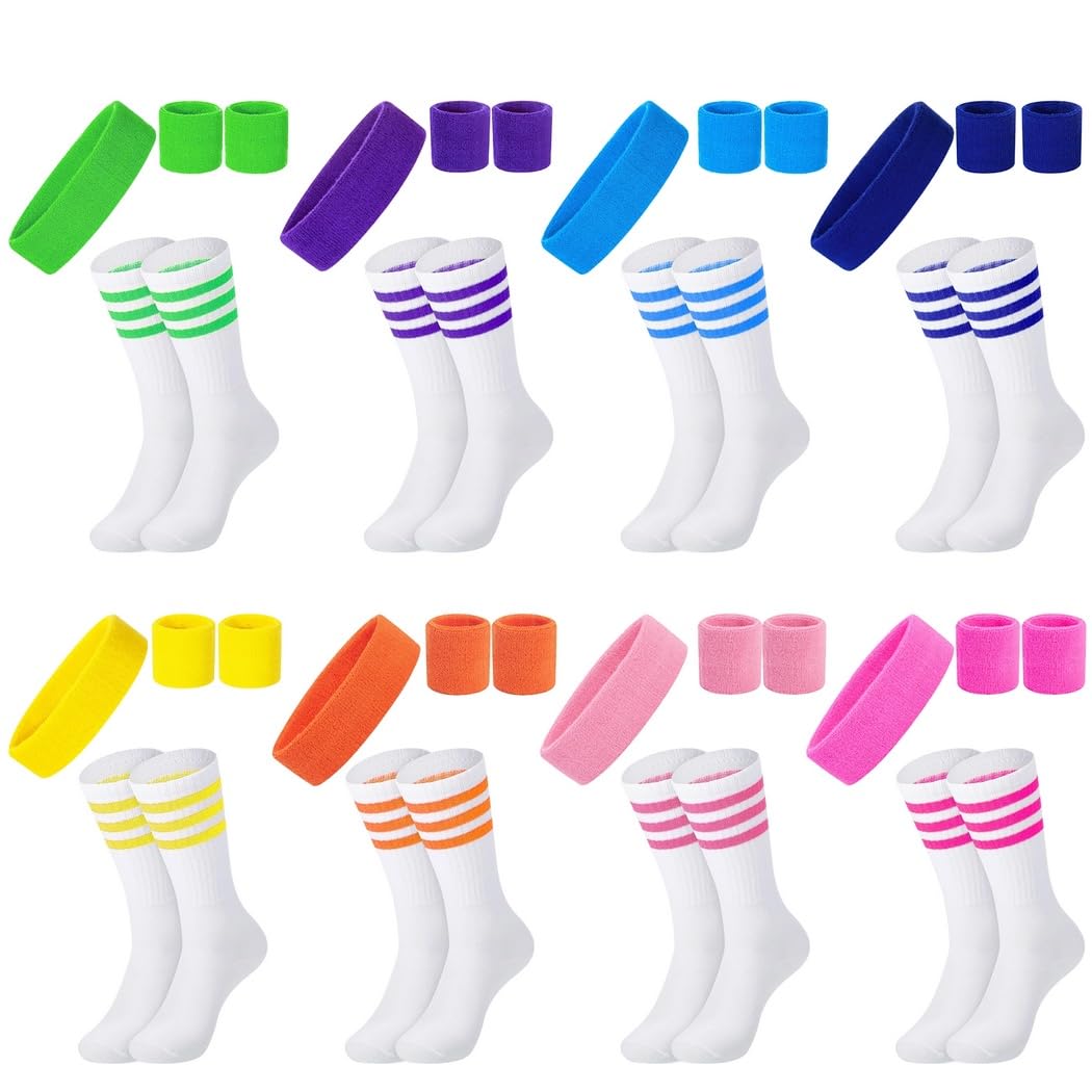 8er-Set Schweißband-Kombination, Sport-Stirnbänder, Handgelenkbänder und gestreifte Baumwollsocken, Trainingszubehör für Damen und Herren, für Karneval, Jogging und Sport