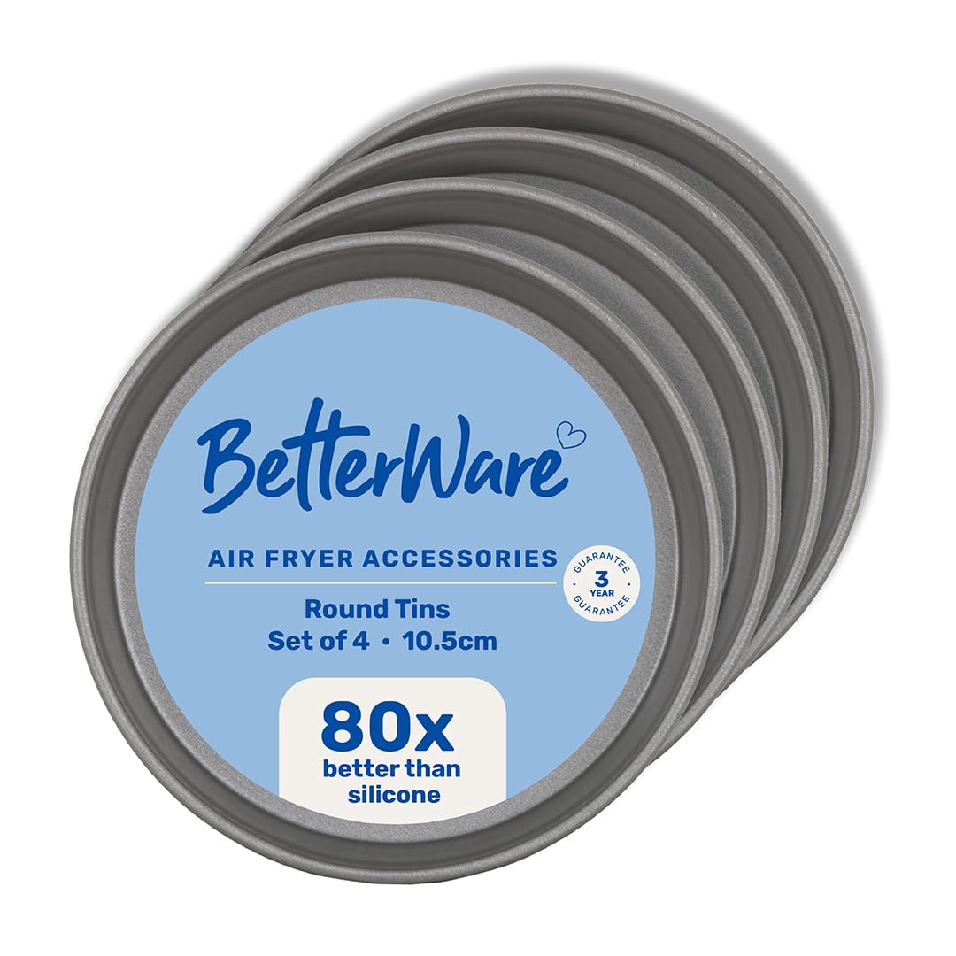 BetterWare Air Fryer Accessories Set of 4 x 10.5cm Round Tins | Non-Stick Low Carbon Steel | Dishwasher & Freezer Safe | Compatible with Most Air Fryers | Ideal for Cooking, Roasting & Baking