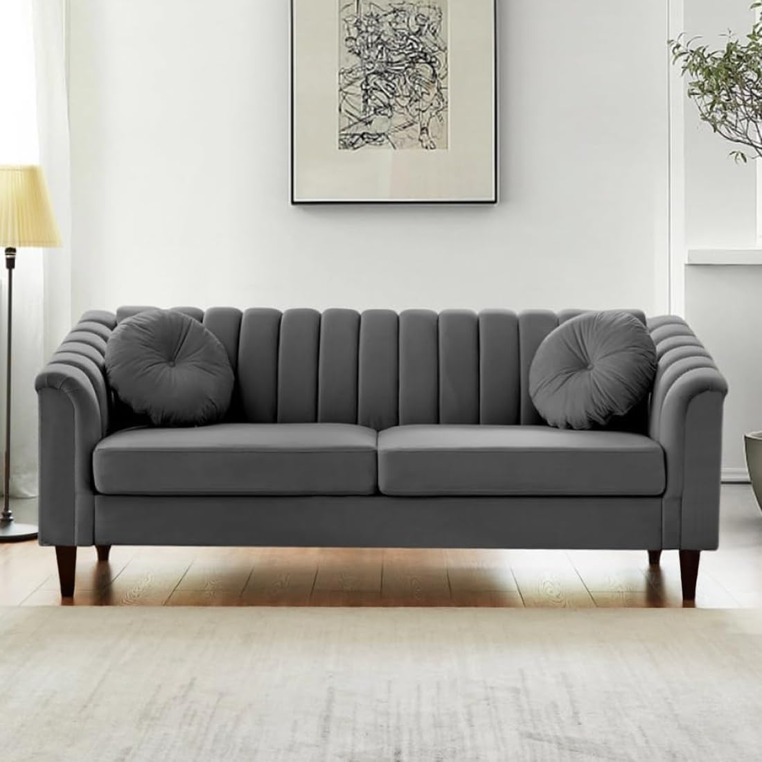 FURNY Dorano 3 Seater Premium Sofa Set (Grey Color) with Velvet Fabric-image-11