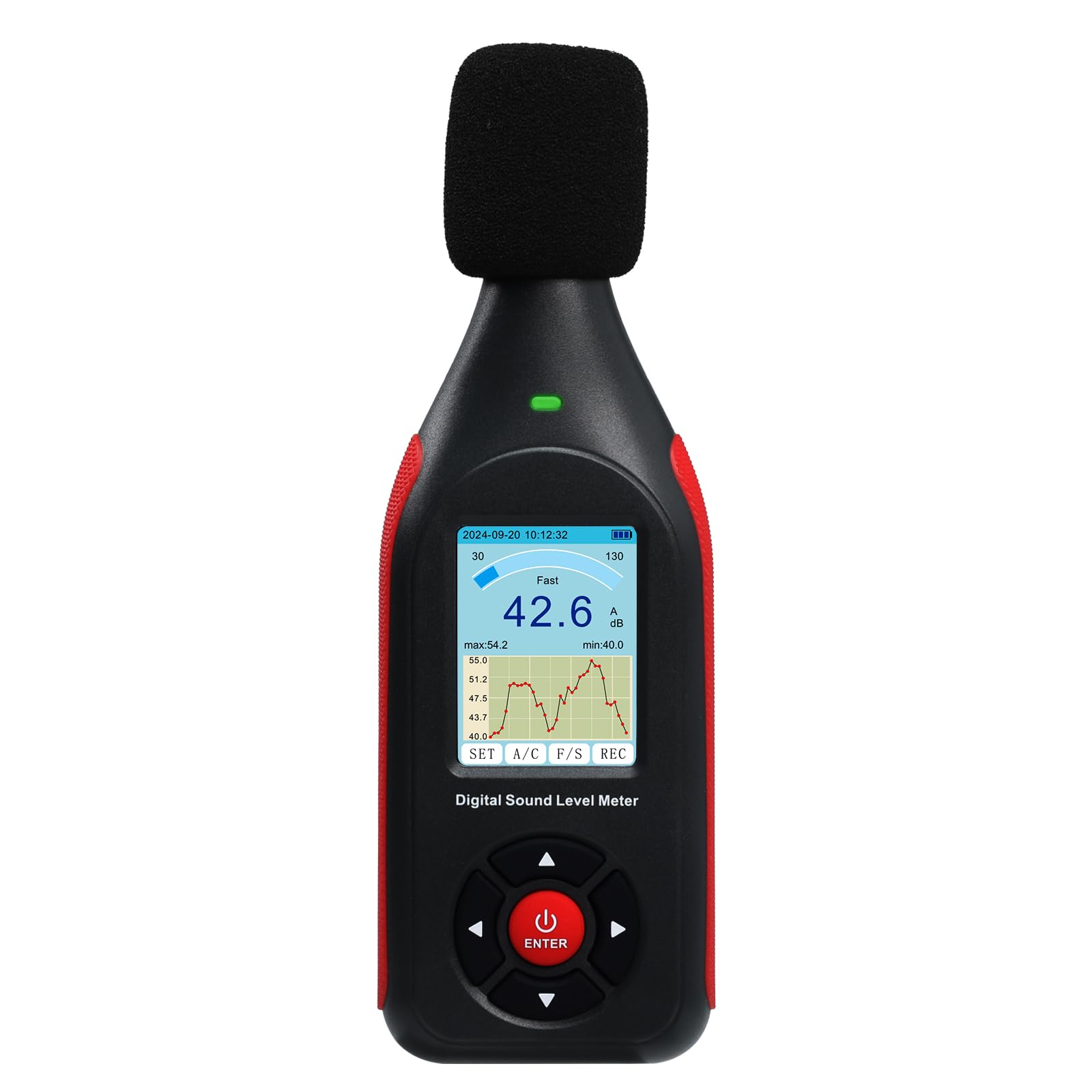 Decibel Meter, Digital Sound Level Meter with Data Logging, 3-Color Alarm, A/C Weighted, HD Screen, 30-130dB Range, Rechargeable SPL Meter for Home, Classroom, Office, Factory