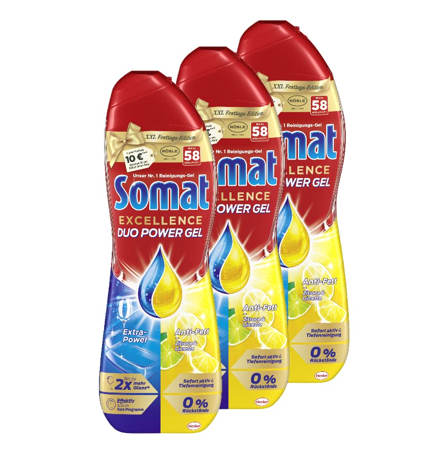 Somat Excellence Duo Power Gel 174 (3 x 58) Spülgänge Spülmittel für den Geschirrreiniger mit Duo-Formel für bis zu 2x mehr Glanz & sofortige Tiefenreinigung Zitrone & Limette