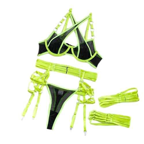 Women Sexy Lingerie Set with Garter Belt Strappy Ring Linked Babydoll Lace Mesh Bra and Panty Sleepwear Set 3 Piece - Green - Large