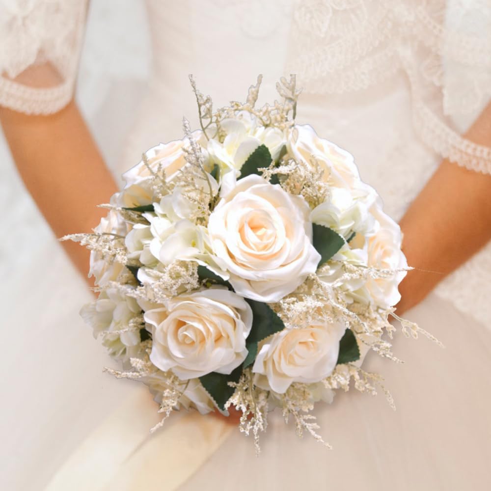 LESING Bridal Wedding Bouquets Artificial Rose Flowers Bouquet Handmade Romantic Wedding Bouquets for Bride Bridesmaid Holding Flowers (Bouquet-Rose White 1)