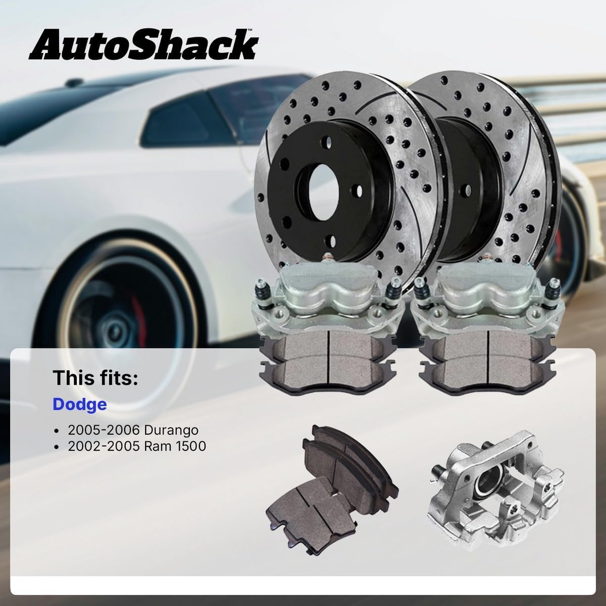 AutoShack Front Vented Drilled & Slotted E-Coated Brake Rotors + Ceramic Pads + Calipers 8-PC Brake Kit Replacement for 2002-2005 Dodge Ram 1500 2004-2006 Dodge Durango ShadowGuard 13.22" (335.9 mm)