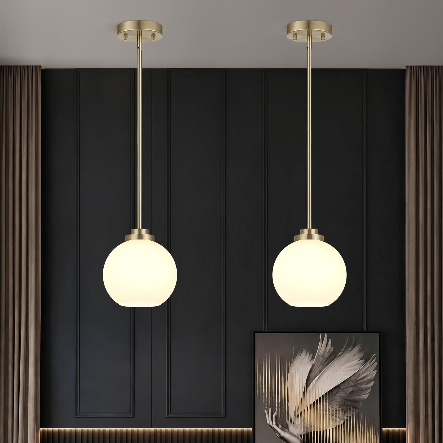 2 Pack Gold Globe Pendant Lights, Mid Century Brass Pendant Light Fixtures, Globe Pendant Lights Kitchen Island with Milk Glass Shade Adjustable Hanging Fixture for Dining Room (Bulbs not Included)