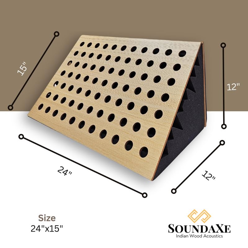 Image of SoundaXe M-Dot Corner Bass Trap, Wood + Acoustic Foam | Diffuse Bass in Studio & Home Theatres | Douglas Pine, 24x15 inch, 2 pcs