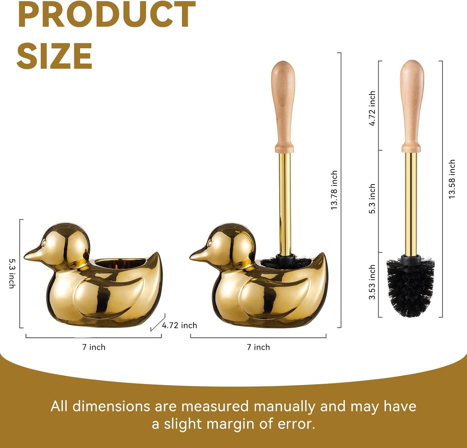 Duck Toilet Brush and Holder Set - Ceramic Bathroom Toilet Scrubber Brush Organizer with Wooden & Stainless SteelHandle, Gold Toilet Brush & Cute Duck Design for Bath Decor Storage
