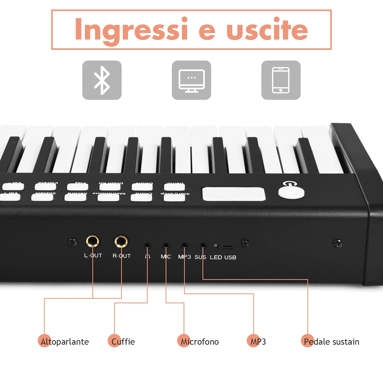 GYMAX Tastiera Elettronica 88 Tasti, 128 Ritmi e 128 Suoni, Pianoforte Digitale Portatile con Funzione di Insegnamento, Interfaccia USB, Borsa, Pedale di Sustain, per Bambini 3 Anni+ (Nero)