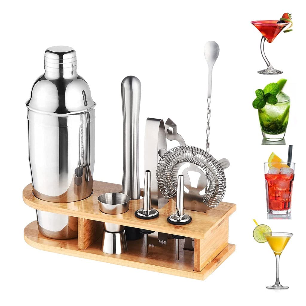 10 Pieces Bartender Kit, Stainless Steel Cocktail Shaker Set, Bar Tools With Bamboo Stand, Cocktail Making Set Perfect For Home Bars Traveling Outdoor Parties (Size : 750ml)