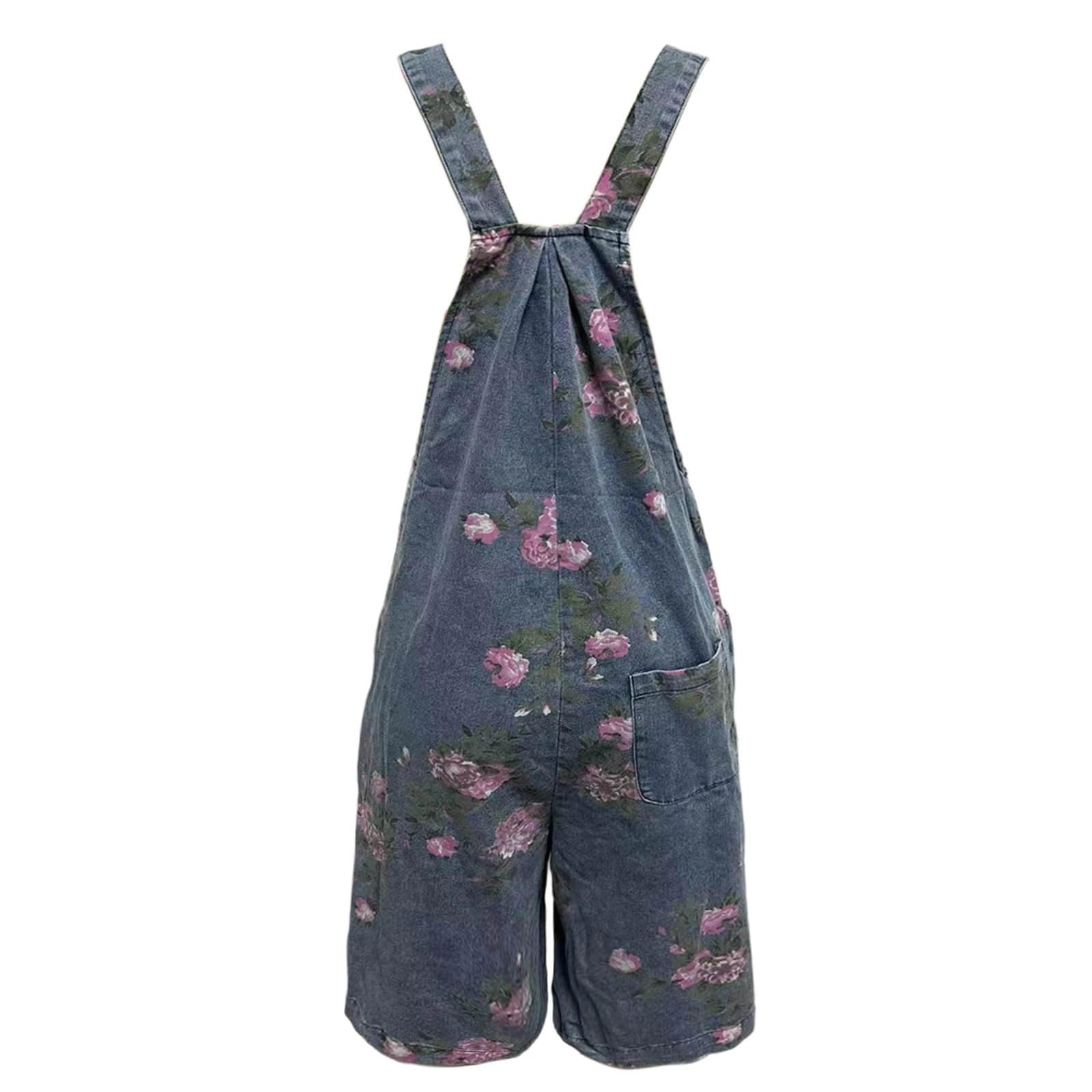 Mono de mezclilla floral para mujer para capas inspiradas en ropa urbana, estampado floral azul, ajuste relajado, acabado de costuras de contraste, estilo de bolsillo y dobladillo sin rematar
