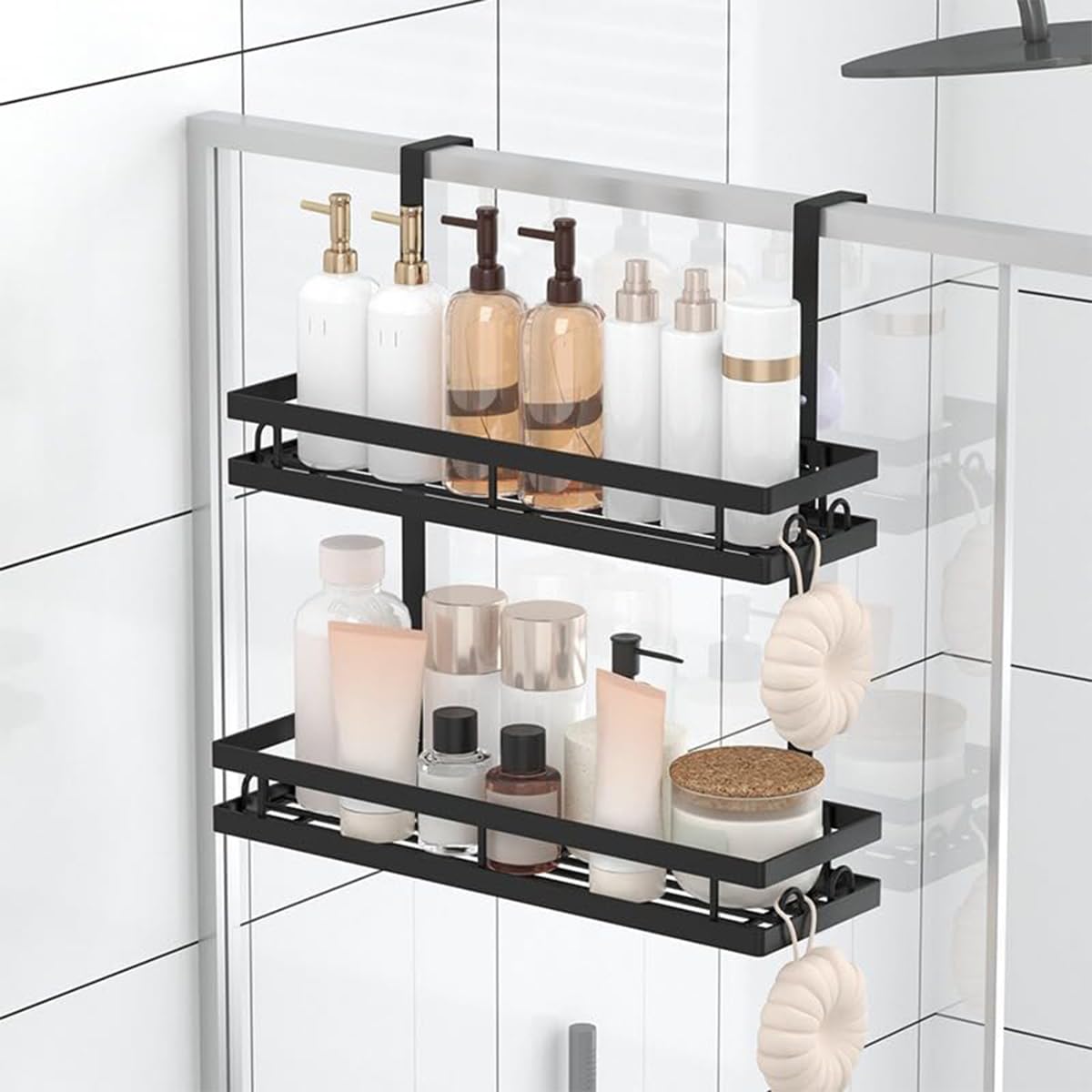 2-Tier Bathroom Storage Rack Matte Black Metal Over Door Shower Caddy 15 75x4 72 Inches Rustproof Modern Style