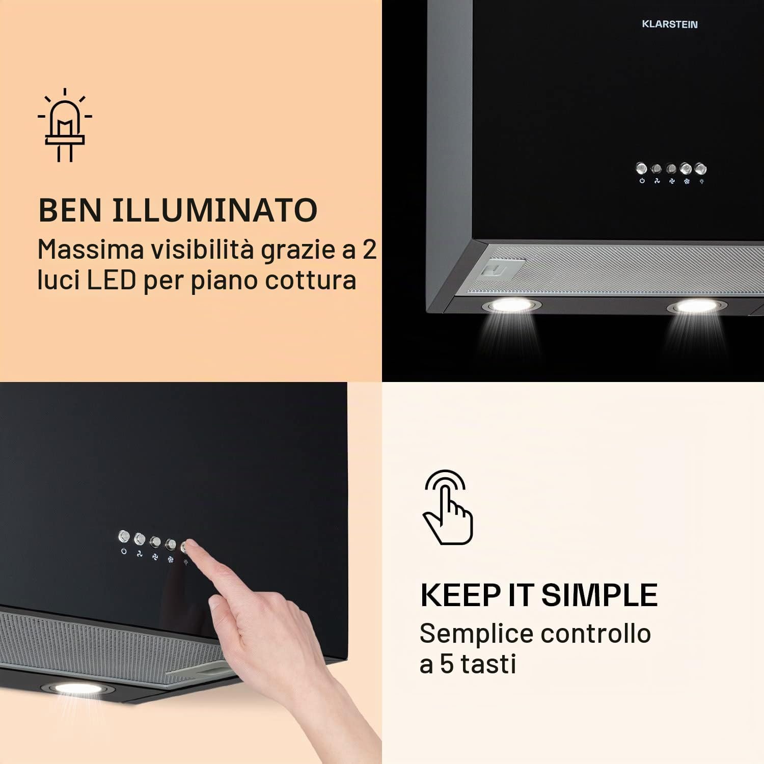Klarstein Monumenta - Cappa aspirante a parete, funzione di scarico/ricircolo, capacità aspirante di 559m³/h, acciaio inox, 2 x filtri a carboni attivi, alluminio