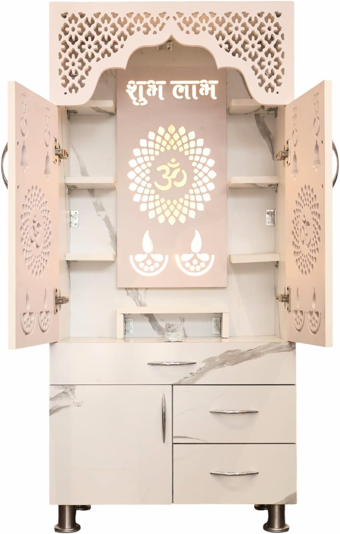 SHLOK Home Temple with Doors and Inbuilt LED Light Engineered Wood (Height: 130, Pre-Assembled)