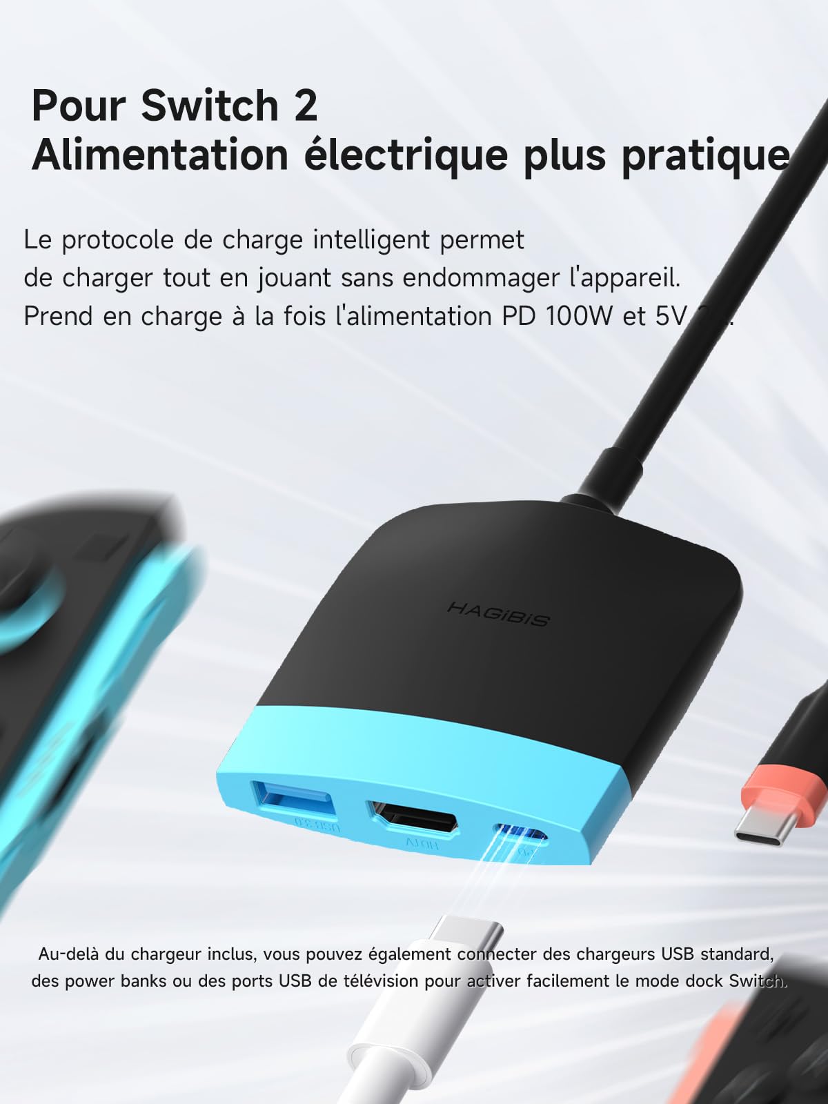 Hagibis Dock Switch2 pour Switch 1/2/OLED, Station d’Accueil TV Portable avec Charge, Dock avec HDMI et Port USB 3.0, Base de Remplacement, Adaptateur USB-C vers HDMI pour MacBook Pro/Air