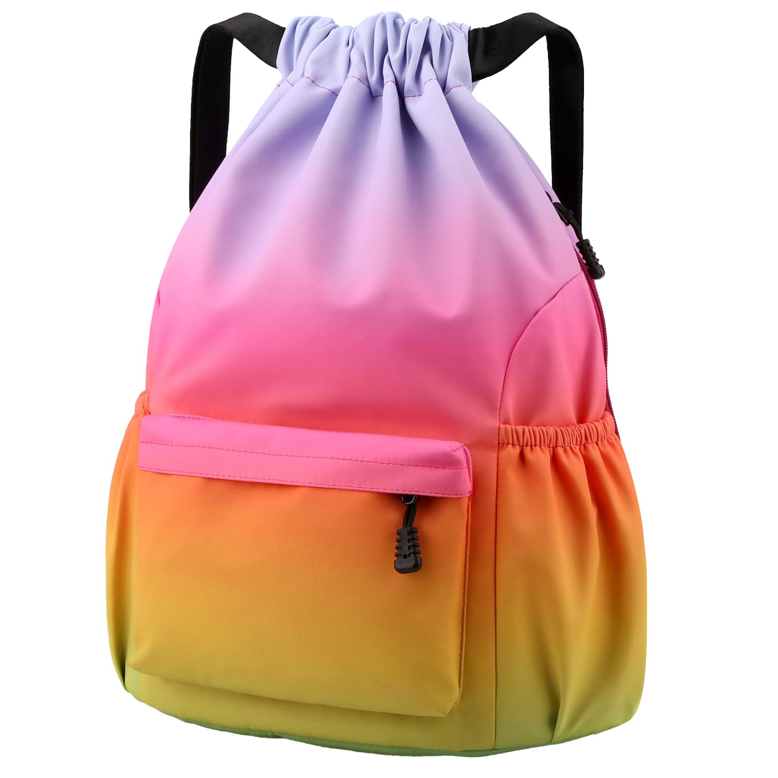 Pystuvo Drawstring Gym Bag, Large Drawstring Bags with Mesh Pockets Water, Nylon Waterproof Drawstring Gym Bag with Outside Zipper for Sports Holidays, Colorful Gradient