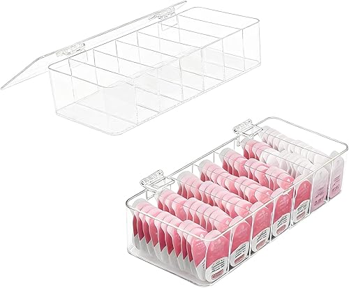 Paquete de 2 organizadores de maquillaje acrílico transparente, organizador de baño de 7 secciones para cajón, vitrinas de cosméticos con tapa,