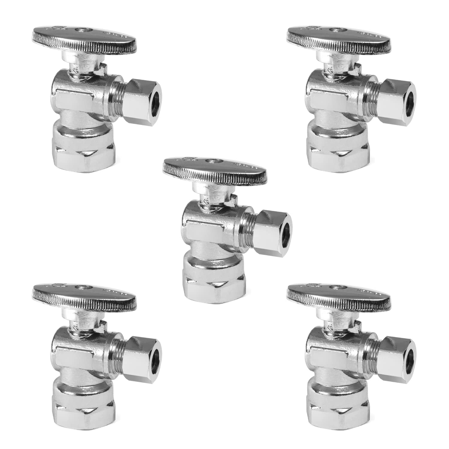 EFIELD - Juego de 5 tubos de hierro FIP de 1/2 pulgada x 3/8 pulgadas de compresión cromada, válvula de apagado de agua de 1/4 de giro