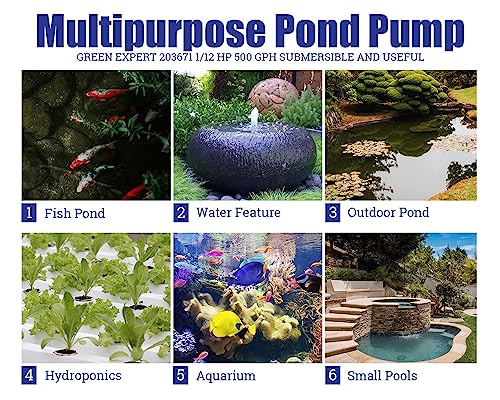 Green Expert Submersible Fountain Water Pump 50W Electric Pond Pump 500GPH with Four Spray Heads for Ponds, Fountains, Waterfalls, and Water Circulation, Stainless Steel