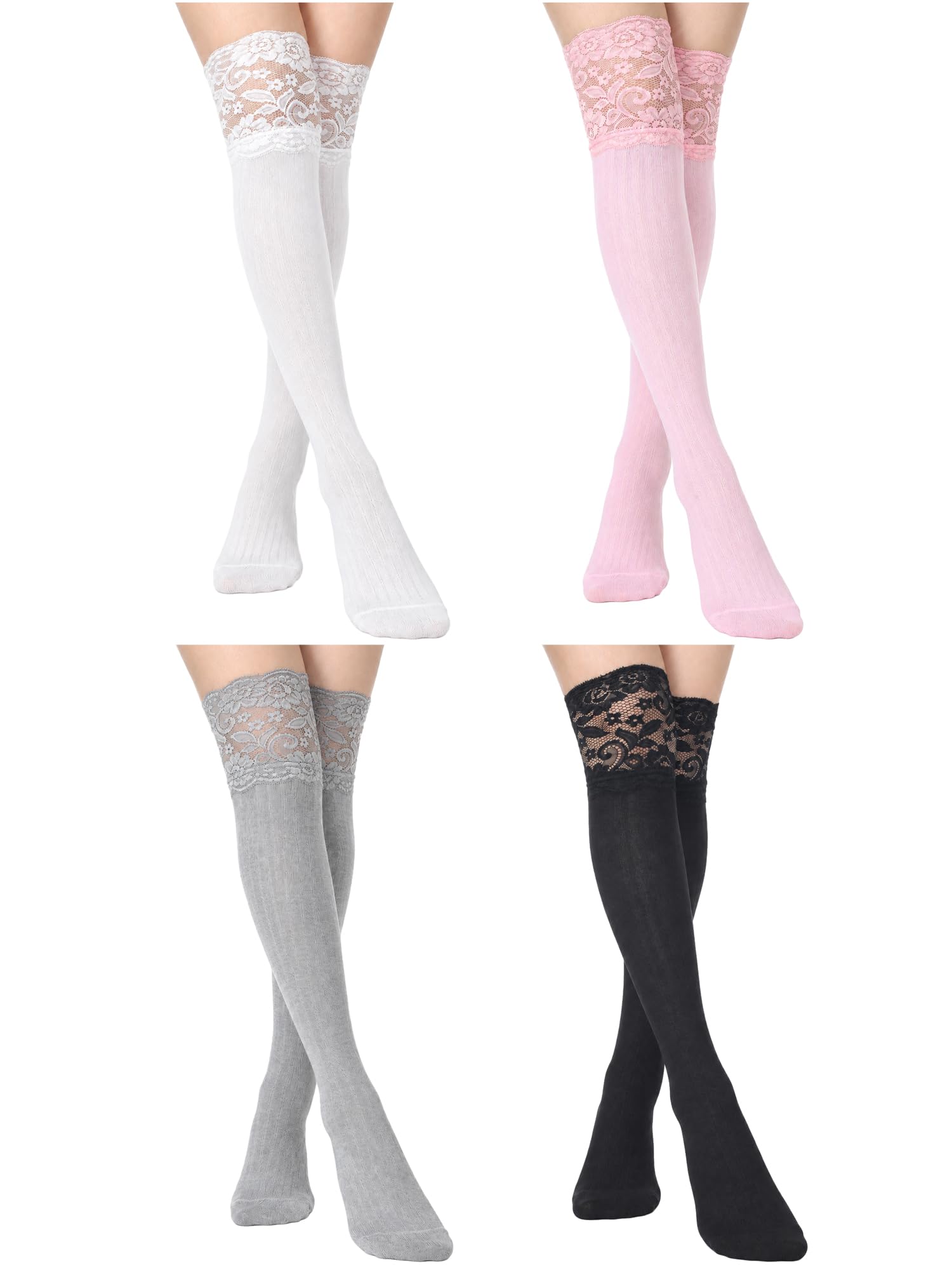 Fourluoo 4 Pairs Knee High Lace Socks
