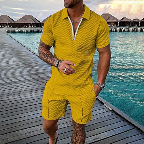 Glvsz Men's 3D Short Sleeve Suit Shorts Beach Tropical Hawaiianss Body Sports Shorts Suit Sports Suit And Prom Tux Yellow #TOP1