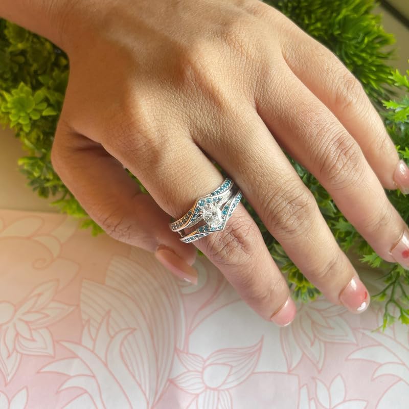 Blue Topaz V Shaped Enhancer Guard For Women, 14k Gold Finish Blue Topaz Wrap Ring, Anniversary Band