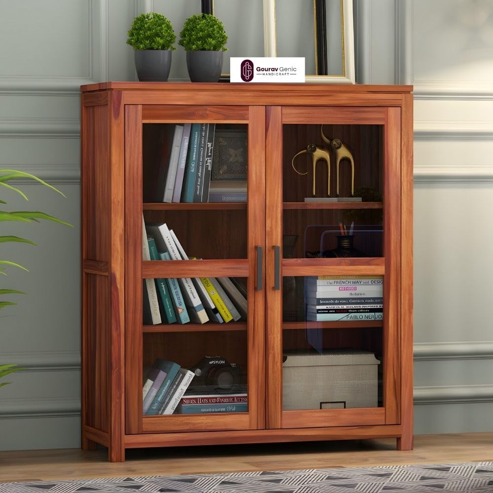 Sheesham Wood Book Cabinet with Glass Doors for Living Room Study Office Storage Display Cupboard Solid Wood Shelving Unit Compact Bookshelf Organizer Home Furniture-image-49