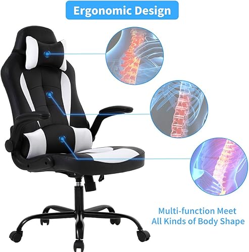 Miniatura 5 de Silla de oficina de piel sintética, silla de juegos de escritorio, respaldo alto, altura ajustable, silla de computadora con soporte lumbar trasero