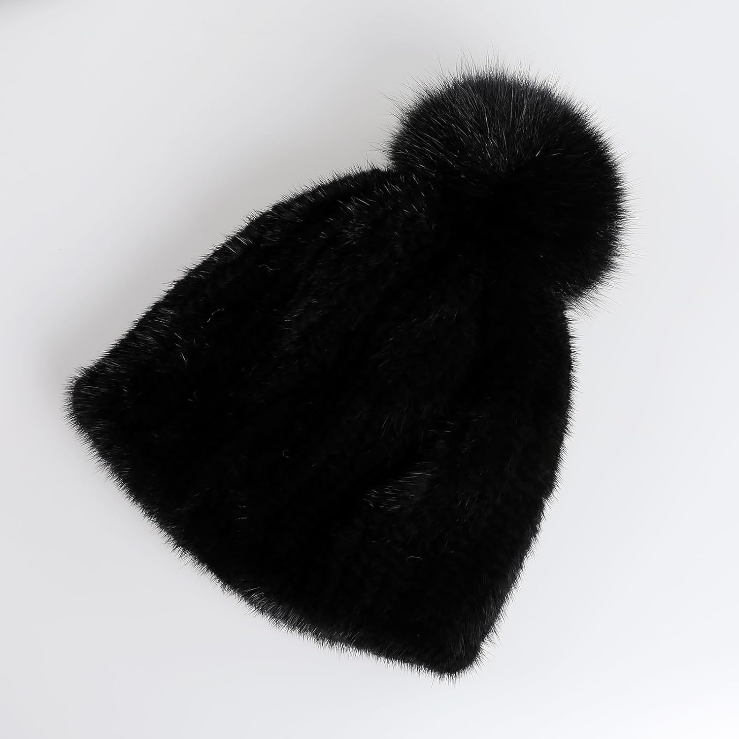 Women's Winter Genuine Mink Fur Knit Beanie Hat with Fox Fur Pom Stretch Warm Cap
