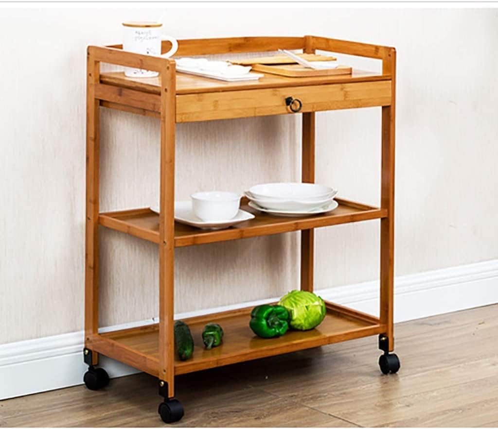 Bar Serving Carts for Home Hotel Restaurant Cart, 3 Layers Dining Cart Wooden Bracket Solid Wood Tray with Drawer 4 Universal Wheels with Locking Wheels for Kitchen, Hotels, Restaurants