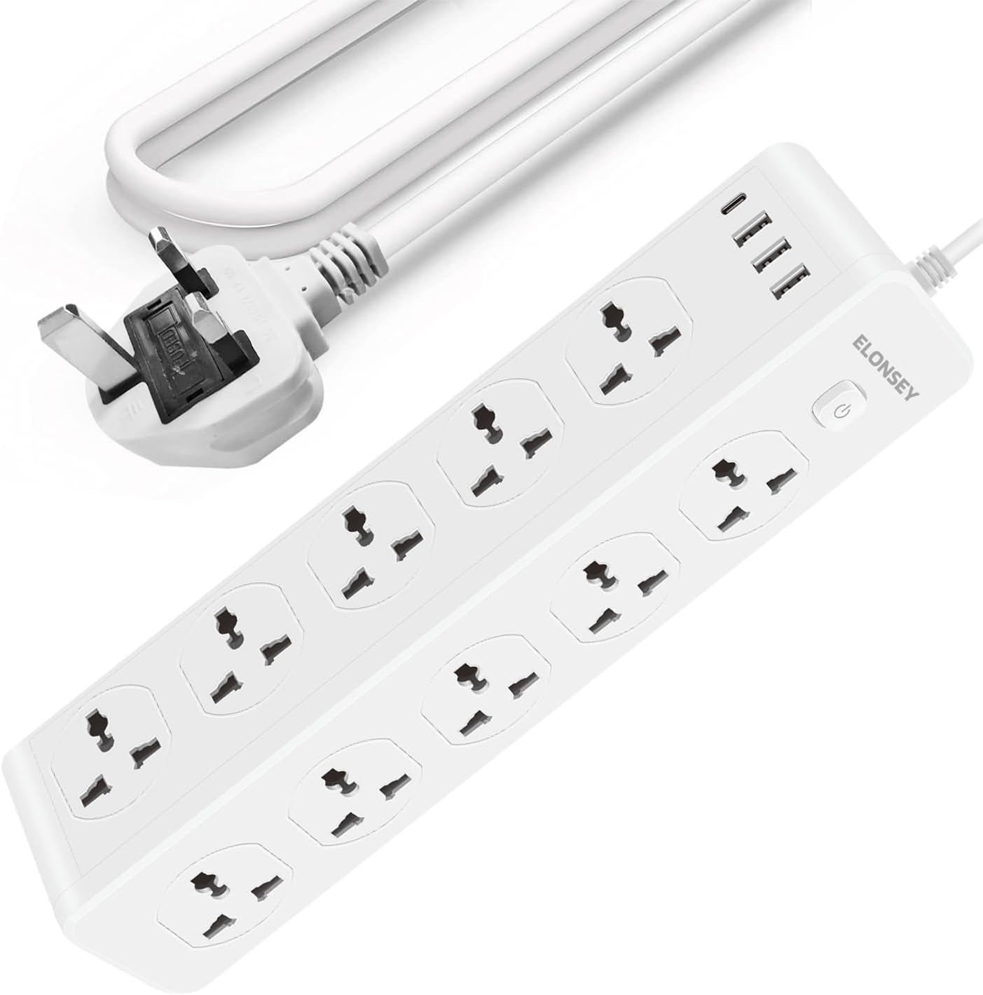 Universal Power Extension Cord with USB C, 2 Meter Power Strip with 10 Power Sockets and 3 USB Slots, Extension Lead with 1 USB C Port - White 2M