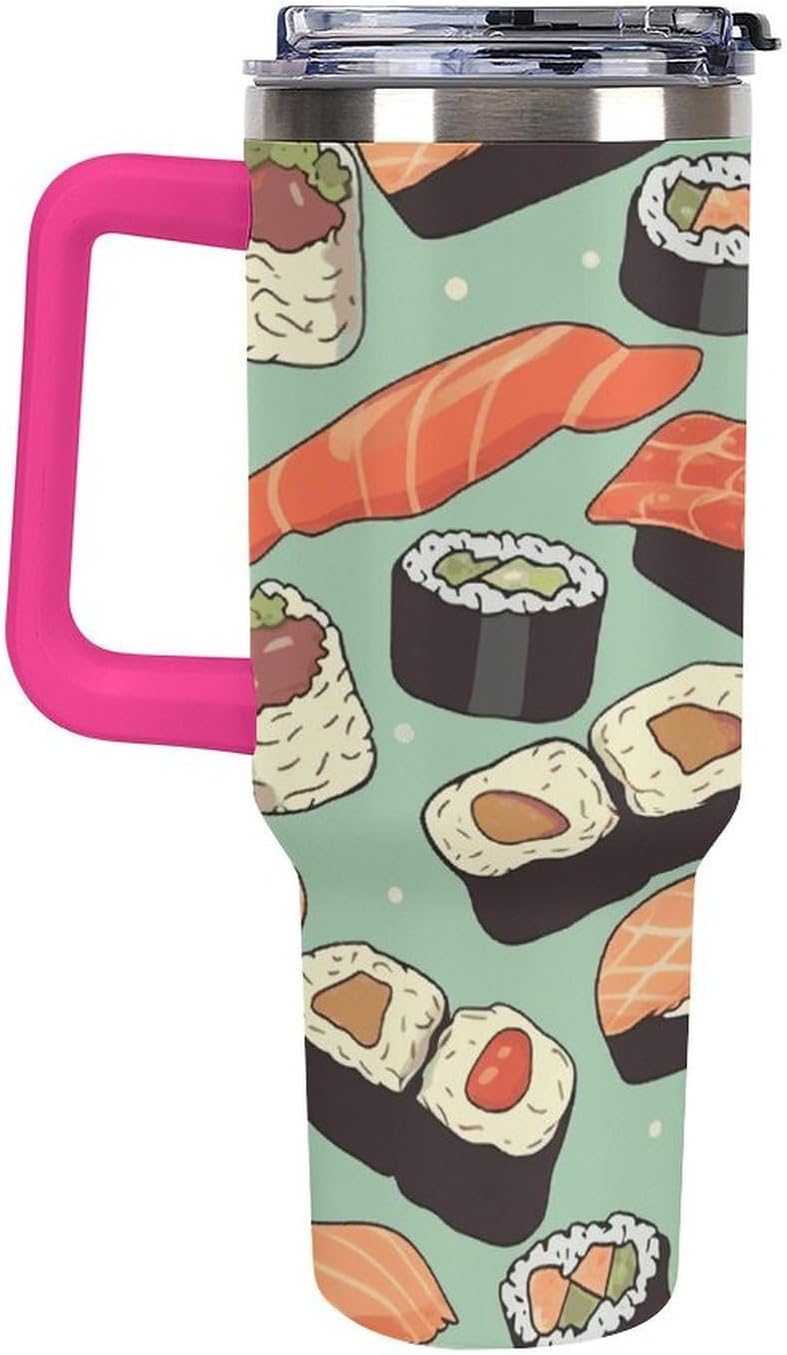 Sushi Food Pattern Tumbler 40 Oz with Handle&Lid Large Car Cup Stainless Steel Vacuum Travel Mug Insulated Water Bottle Leak-proof Portable Coffee Cup for Home Car Outdoor