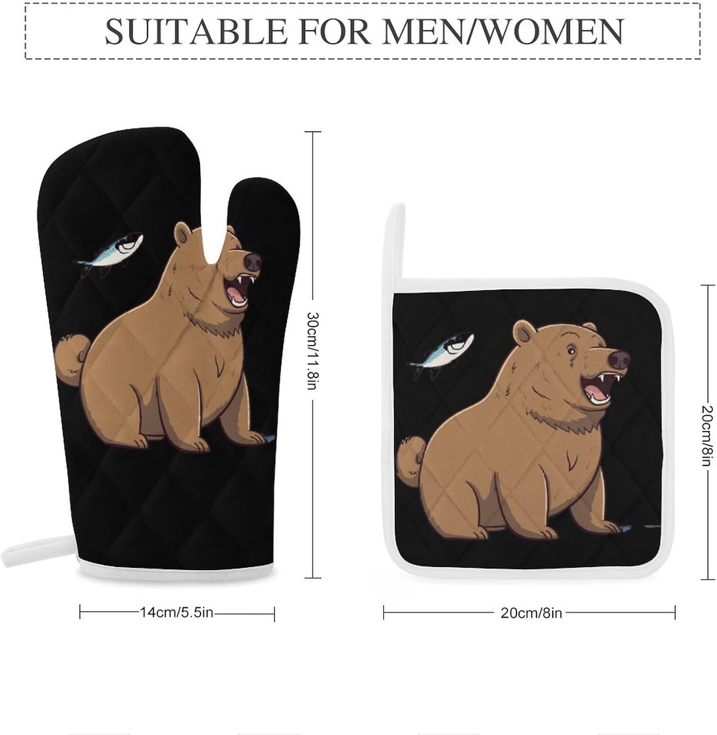 Bears Fishing 4 Pcs Oven Mitts and Pot Holders Set High Heat Resistant Long Kitchen Oven Glove Potholders