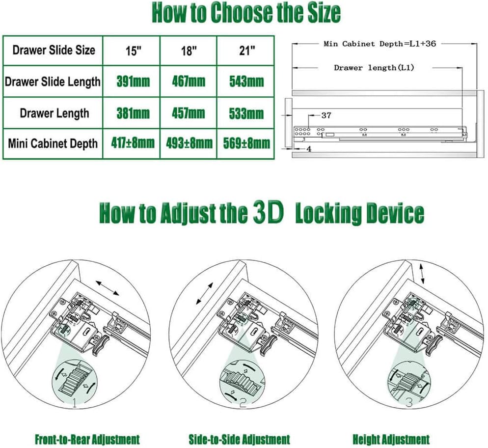 OCG Undermount Drawer Slides 21 inch(1 Pair), Full Extension Soft Close Bottom Mount Drawer Slides, Come with Mounting Screws and Brackets,3D Adjustable Locking Devices