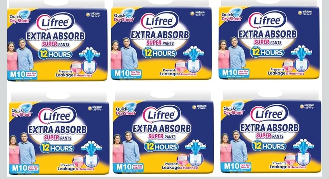 Compatible with Lifree M10 adult Diaper extra absorb suoer pants upto 12 hours absorpsion Unisex,MEDIUM M size 60 Pieces, Waist size- 30-41 Inches, 75-105 cm (Pack of 6) up to 12 HOURS ABSORBENT-picture-46