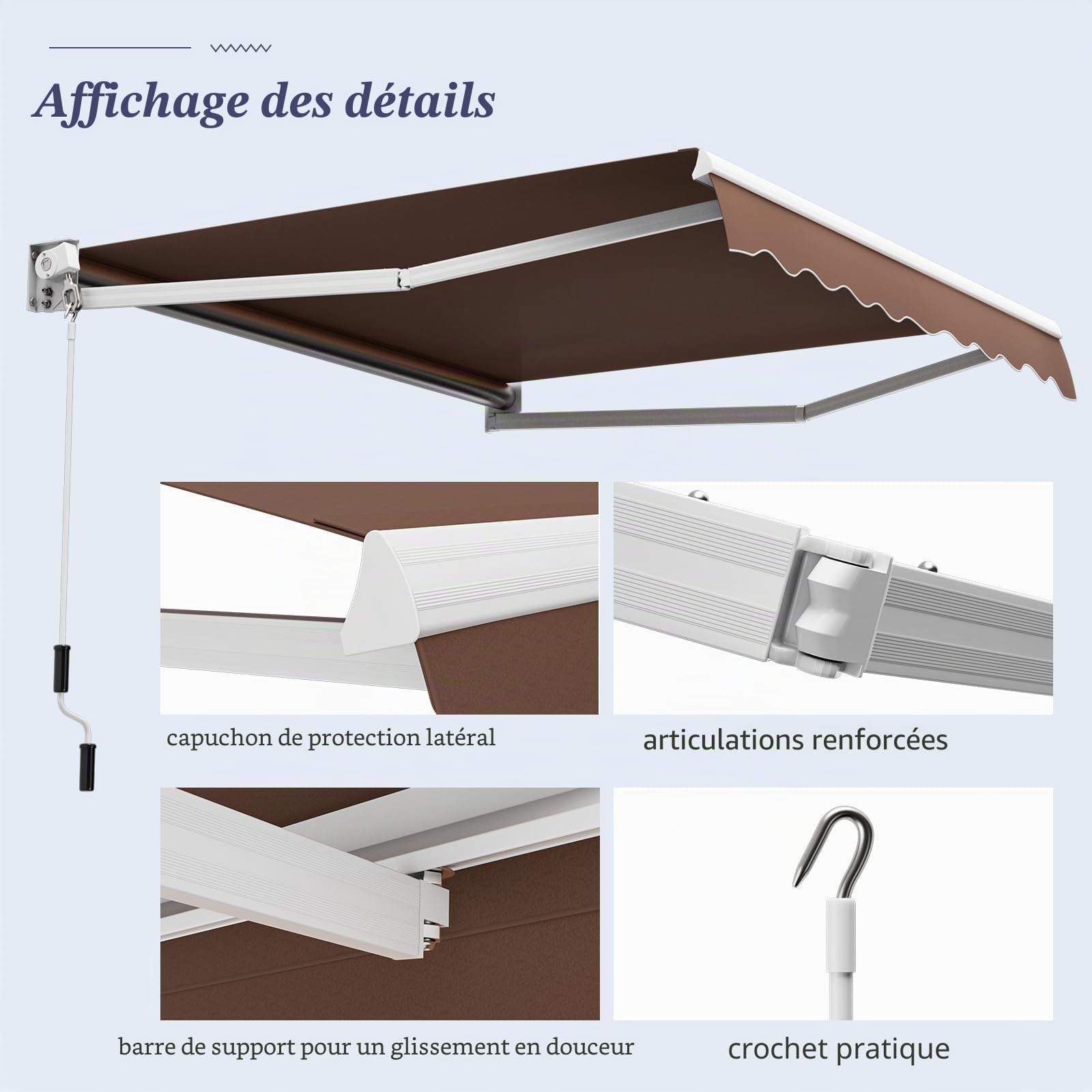 FANTASK Auvent à Bras articulés de 3 x 2,5 m - store de Balcon - store de terrasse - Matériau résistant aux UV et à l'eau - Cadre et manivelle en Aluminium (Marron)