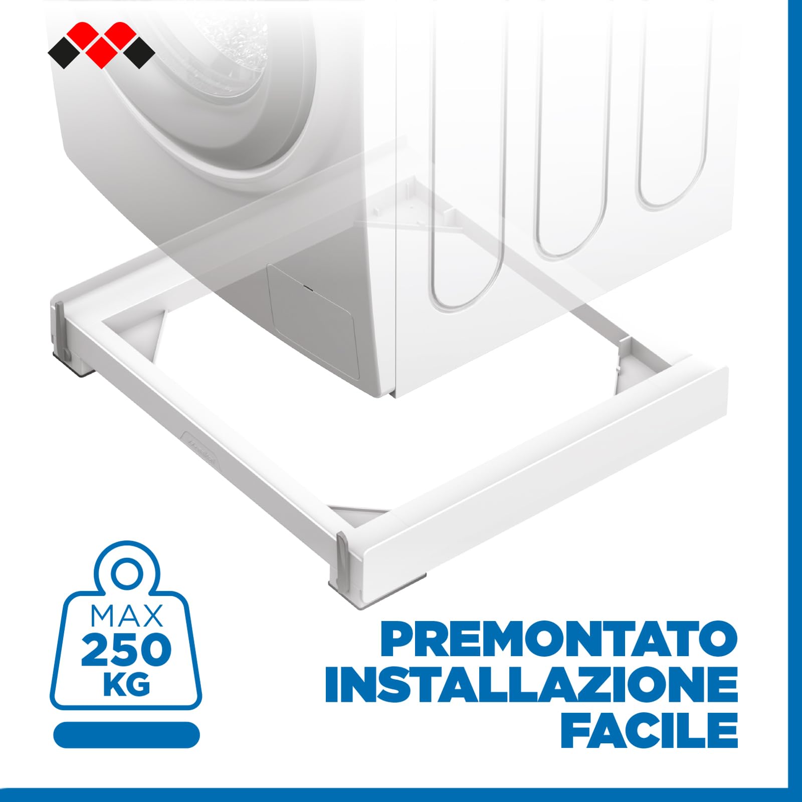 Meliconi BASE MOVE EVO SIOC, Base per Lavatrice con Ruote e Freni, Imballo ecologico e Anti Rottura, per elettrodomestici standard 60x60cm, supporta 250kg, anche per colonna bucato, bianca