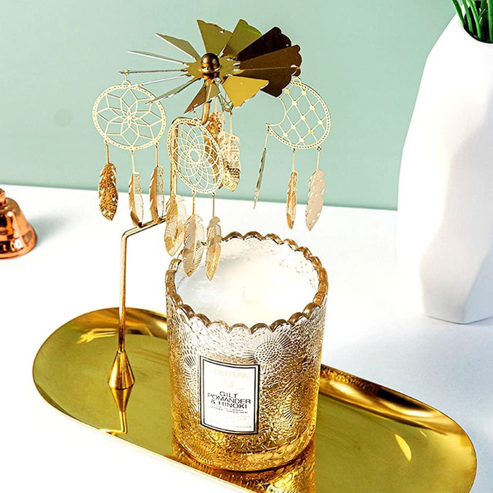 Portavelas giratorio con bandeja, portavelas de metal dorado para Navidad, día de San Valentín, decoración de fiesta y regalo (atrapasueños) 3