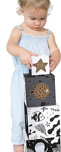 Wee Gallery Bloques de anidación, animales y números del océano, juguete de apilamiento y construcción en blanco y negro para niños pequeños y