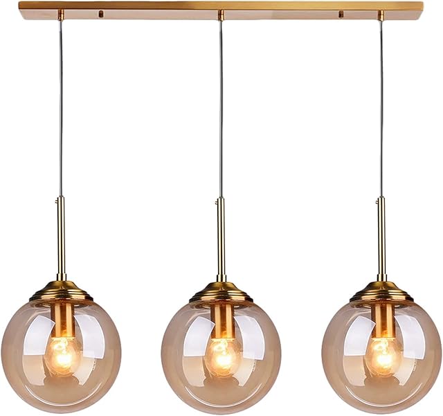 S-Cevada Industrial Vintage 3 Way Pendant Lights Cluster in Brass Metal Finish, Complex 3-in-1 Glass Ball Ceiling Hanging Lamp, Kitchen Island Loft Bar Chandelier (Straight, Amber)