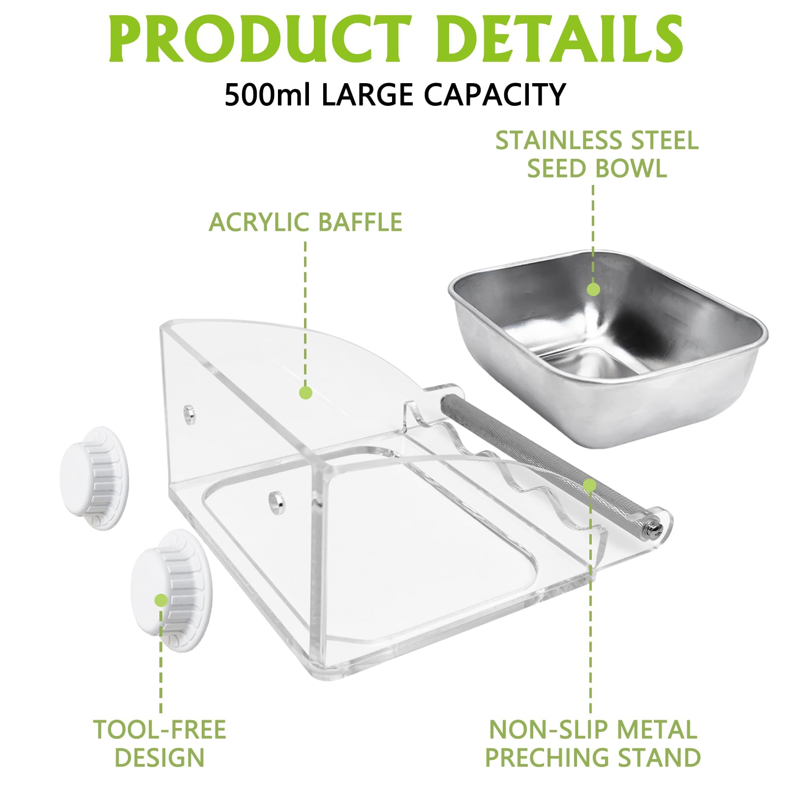 BNOSDM Bird Feeder for Cage with Stainless Steel Food & Water Bowl Acrylic Parakeet Seed Dishes with Anti-Slip Perch Stand for Parrot, Cockatiel, Lovebird, Canary, Finch,Conure,Cockatoo, Pigeon - image 2