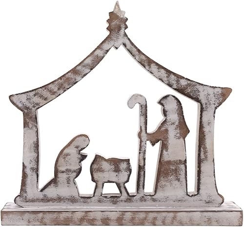 Miniatura 1 de Silueta de pesebre de madera blanqueada, adorno de árbol o escena de mesa, recuerdo religioso de Navidad de la sagrada familia, decoración rústica